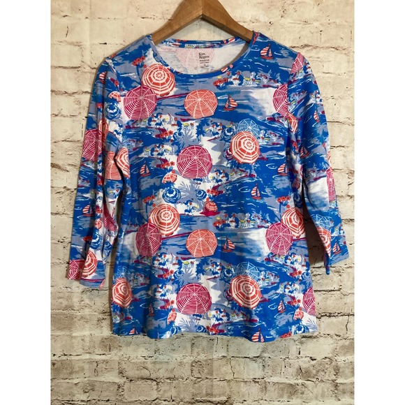 Kim Rogers Perfectly Soft Top Womens Medium Blue Red Vacation Beach Print Resort - Picture 1 of 11